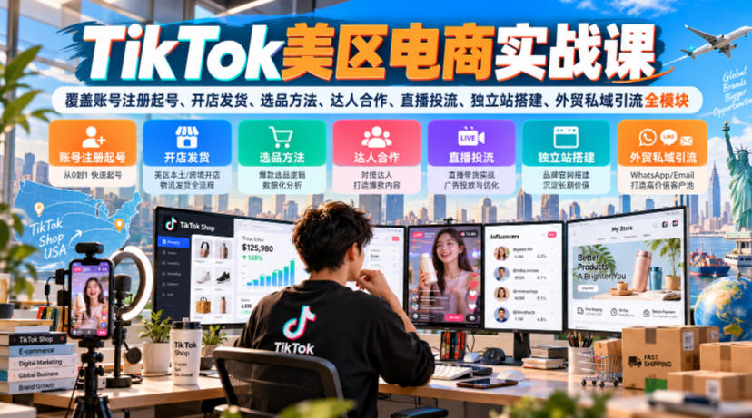 TikTok美区电商实战课,覆盖账号注册起号、开店发货、选品方法、达人合作、直播投流、独立站搭建、外贸私域引流全模块-资源共享