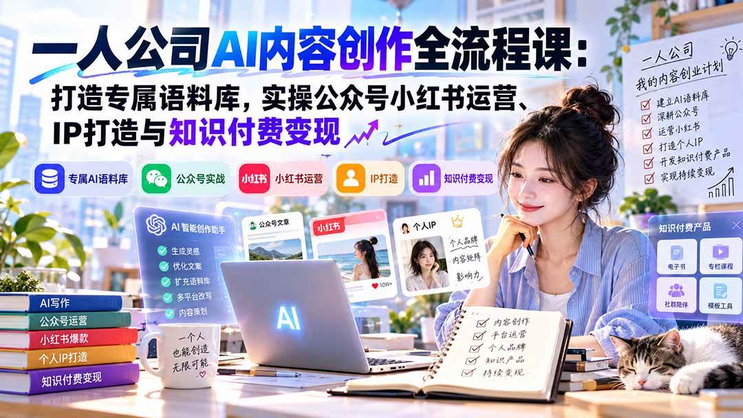 (20866期)一人公司AI内容创作全流程课:打造专属语料库,实操公众号小红书运营、IP打造与知识付费变现方法论-资源共享