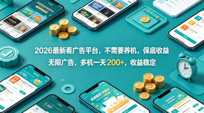 2026最新看广告平台，不需要养机，保底收益，无限广告，多机一天200+，收益稳定【揭秘】-资源共享