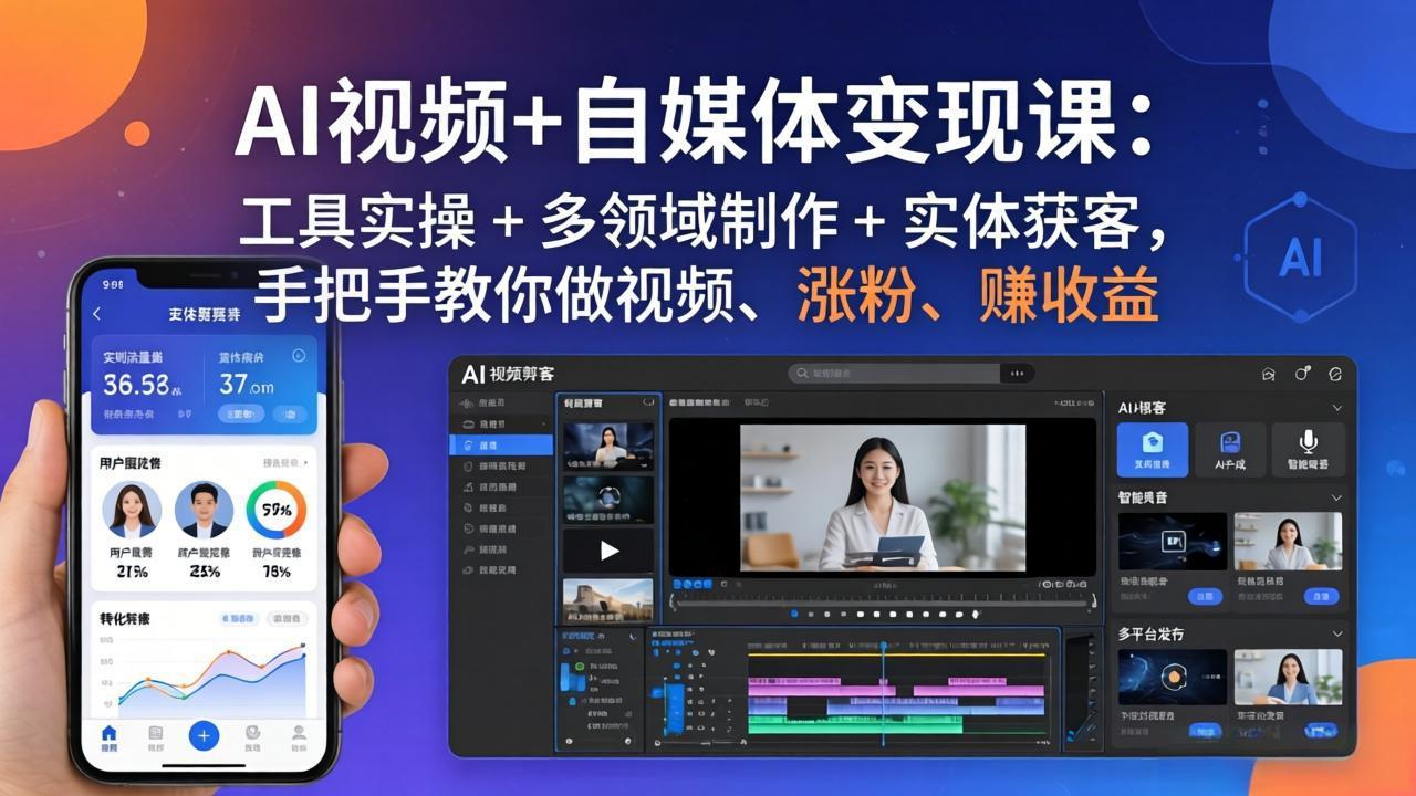 AI视频+自媒体变现课：工具实操 + 多领域制作 + 实体获客，手把手教你做视频、涨粉、赚收益-资源共享