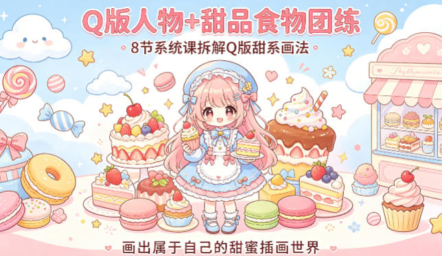 Q版人物+甜品食物团练，8节系统课拆解Q版甜系画法，画出属于自己的甜蜜插画世界-资源共享