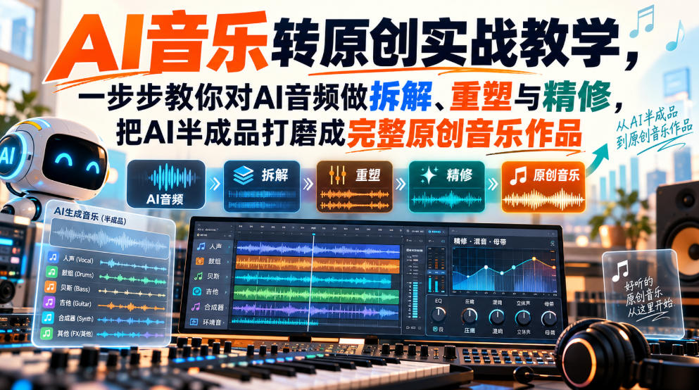 AI音乐转原创实战教学，一步步教你对AI音频做拆解、重塑与精修，把AI半成品打磨成完整原创音乐作品-资源共享