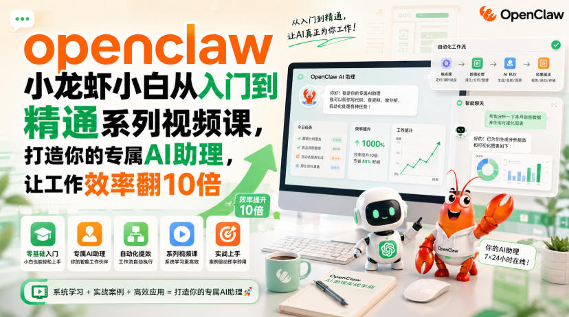 openclaw小龙虾小白从入门到精通系列视频课,打造你的专属AI助理,让工作效率翻10倍-资源共享