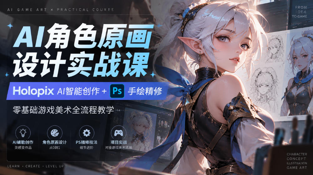 AI角色原画设计实战课｜Holopix AI智能创作+PS手绘精修，零基础游戏美术全流程教学-资源共享