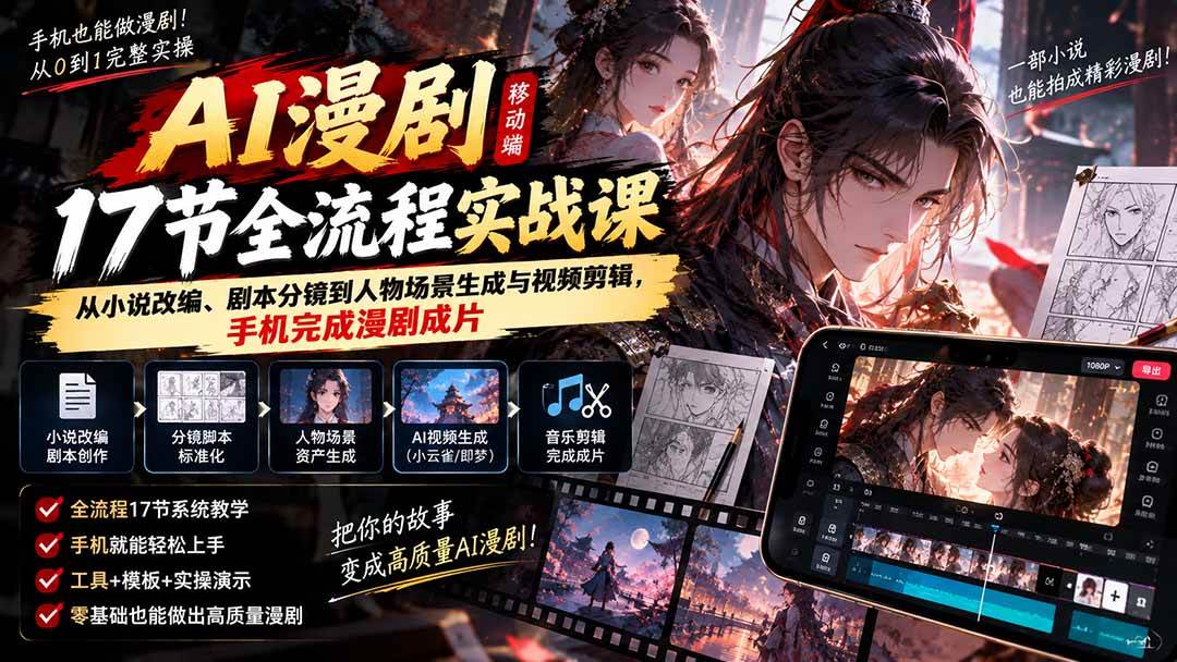 （20624期）AI漫剧移动端17节全流程实战课：从小说改编、剧本分镜到人物场景生成与视频剪辑，手机完成漫剧成片-资源共享