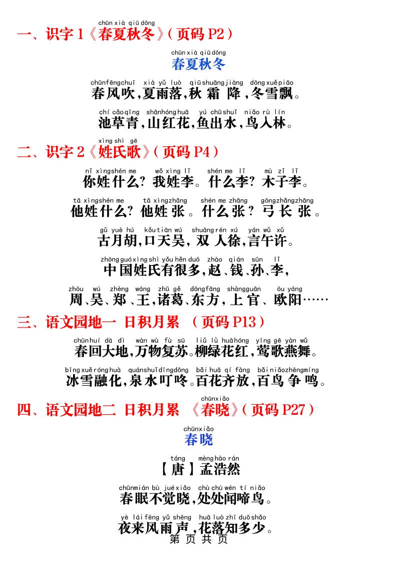 一年级下语文课本必背内容打卡-资源共享