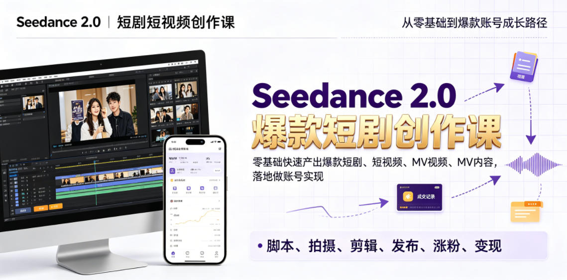 Seedance 2.0短剧短视频创作课,零基础快速产出爆款短剧、短视频、MV内容,落地做账号实现变现-资源共享