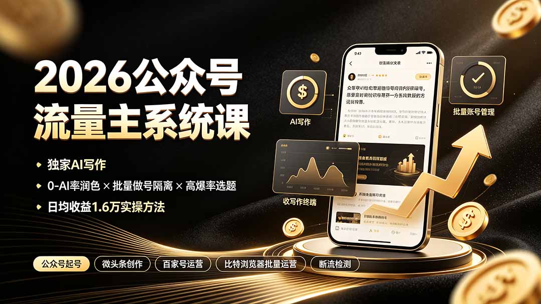 2026公众号流量主系统课:独家AI写作×0-AI率润色×批量做号隔离×高爆率选题,日均收益1.6万实操方法-资源共享