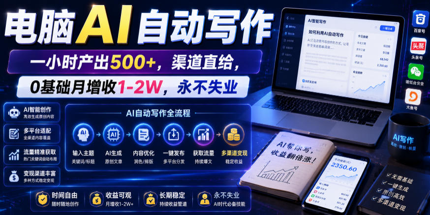 电脑AI自动写作,一小时产出500+,渠道直给,0基础月增收1-2W,永不失业【揭秘】-资源共享