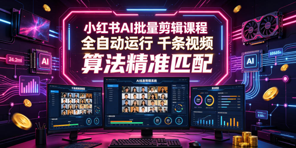 小红书AI批量剪辑课程,24小时全自动运行,解放双手专注运营,千条视频批量处理,小红书算法精准匹配-资源共享