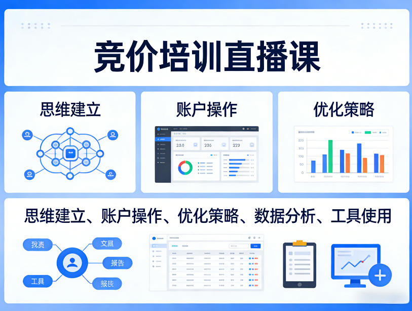 竞价培训直播课，覆盖思维建立、账户操作、优化策略、数据分析、工具使用等，全方位提升效果-资源共享