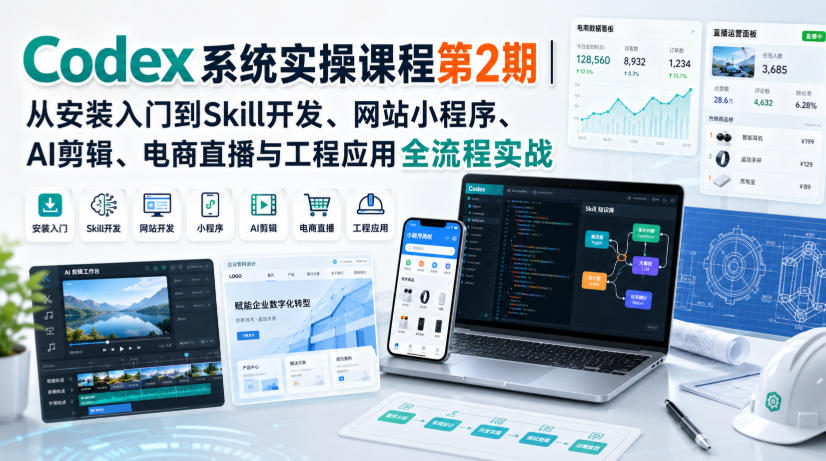Codex系统实操课程第2期|从安装入门到Skill开发、网站小程序、AI剪辑、电商直播与工程应用全流程实战-资源共享