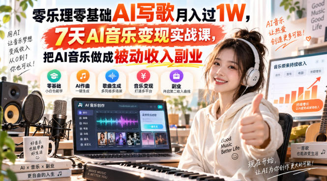 零乐理零基础AI写歌月入过1W，7天AI音乐变现实战课，把AI音乐做成被动收入副业-资源共享