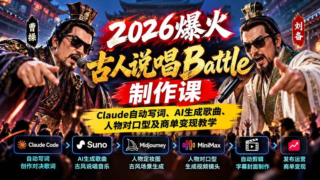 （21059期）2026爆火古人说唱Battle制作课：Claude自动写词、AI生成歌曲、人物对口型及商单变现教学-资源共享