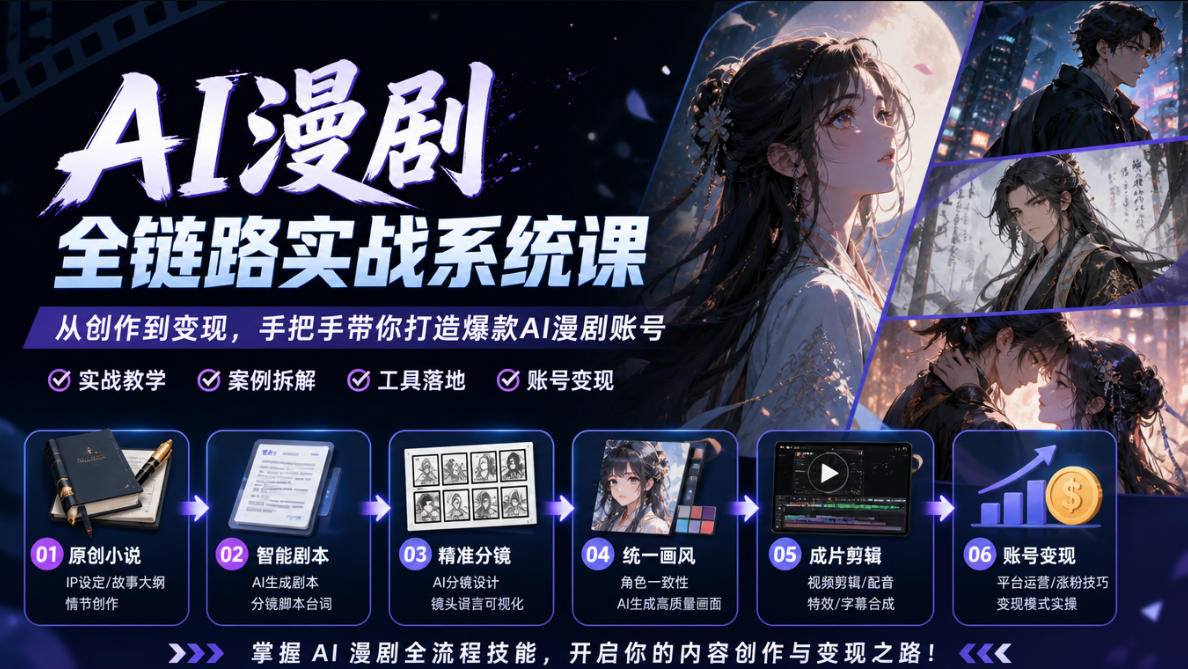 AI漫剧全链路实战系统课｜原创小说、智能剧本、精准分镜、统一画风、成片剪辑、账号变现实操教学（更新1018）-资源共享
