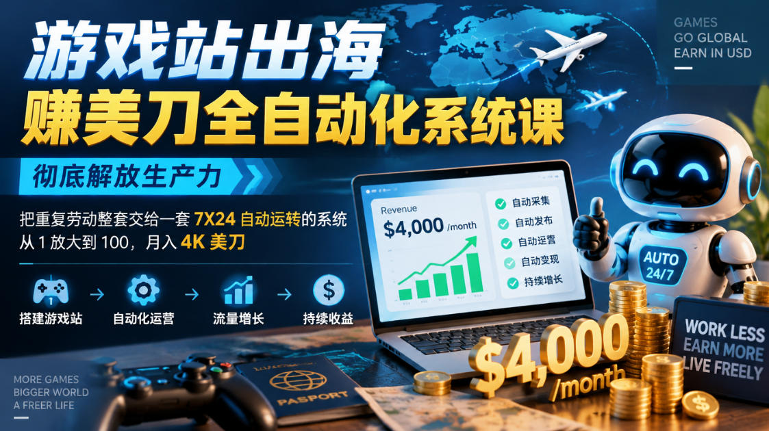 游戏站出海賺美刀全自动化系统课，彻底解放生产力–把重复劳动整套交给一套7X24自动运转的系统，从1放大到100，月入4K美刀 游戏站出海掘金从0到1小白实战课，从选词到上线，从收录到变现，月入3700刀+-资源共享