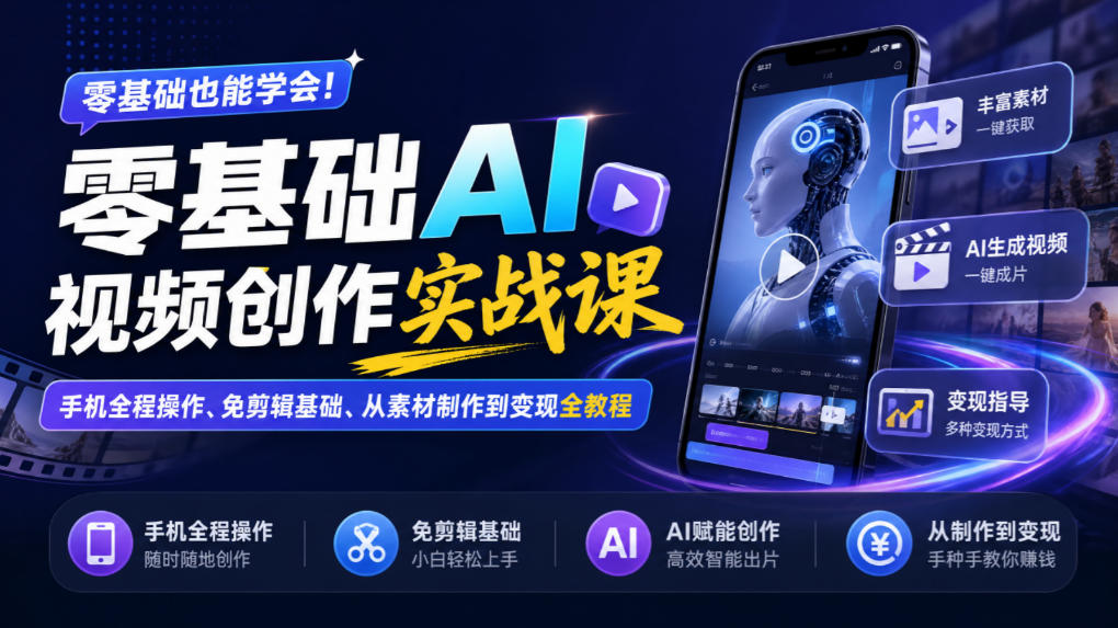 零基础AI视频创作实战课｜手机全程操作、免剪辑基础、从素材制作到变现全教程-资源共享