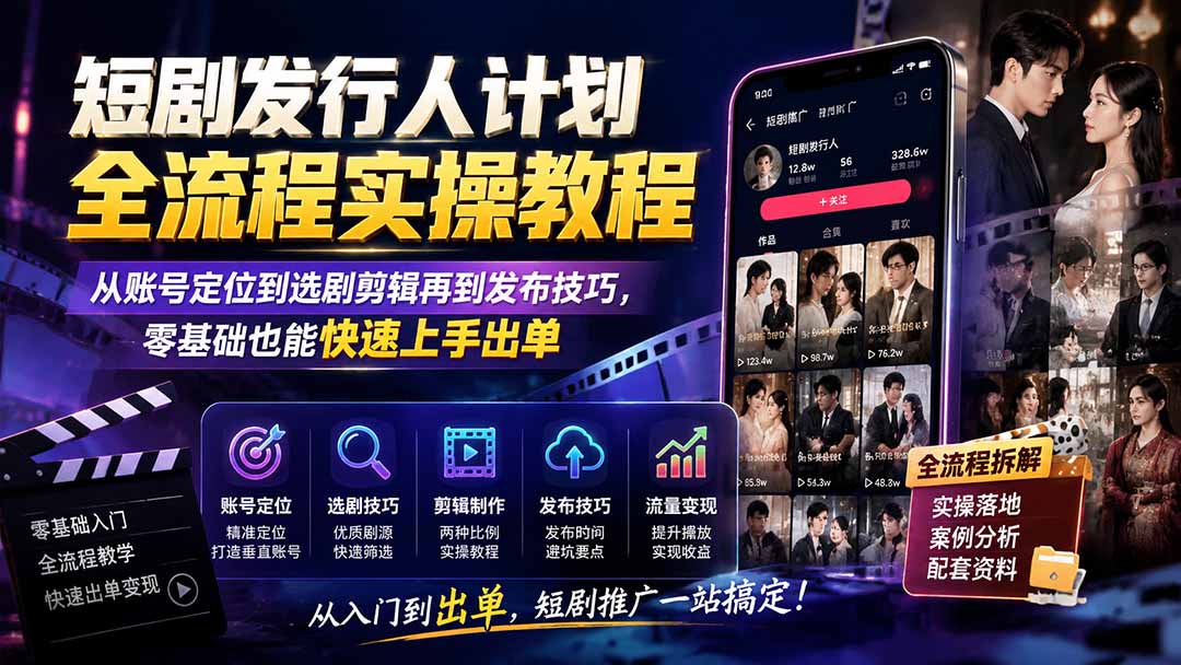 短剧发行人计划全流程实操教程;从账号定位到选剧剪辑再到发布技巧,零基础也能快速上手出单-资源共享