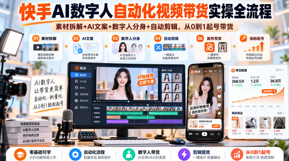 快手AI数字人自动化视频带货实操全流程|素材拆解+AI文案+数字人分身+自动剪辑,从0到1起号带货(更新26年)-资源共享