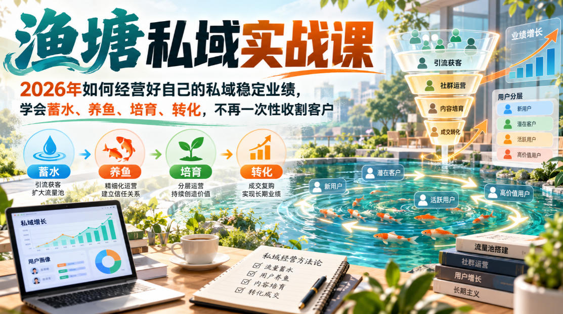 渔塘私域实战课,2026年如何经营好自己的私域稳定业绩,学会蓄水、养鱼、培育、转化,不再一次性收割客户-资源共享