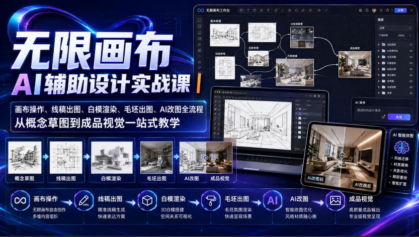 无限画布AI辅助设计实战课｜画布操作、线稿出图、白模渲染、毛坯出图、AI改图全流程，从概念草图到成品视觉一站式教学-资源共享