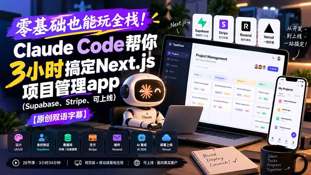 (20907期)零基础也能玩全栈!Claude Code帮你3小时搞定Next.js项目管理app(Supabase、Stripe、可上线)【原创双语字幕】-资源共享