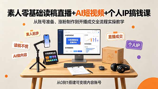 素人零基础读稿直播+AI短视频+个人IP搞钱课，从账号准备、涨粉制作到开播成交全流程实操教学-资源共享
