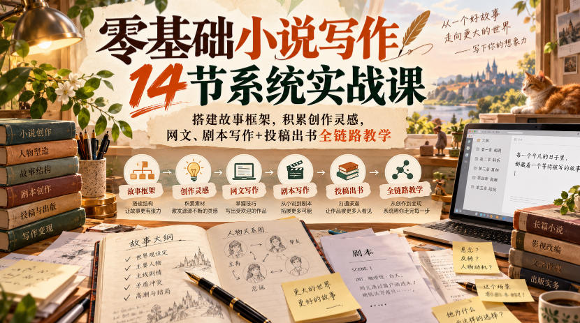 零基础小说写作14节系统实战课,搭建故事框架,积累创作灵感,网文、剧本写作+投稿出书全链路教学-资源共享