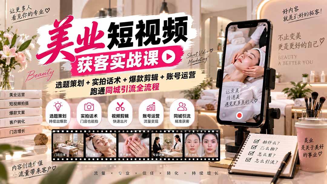 （20586期）美业短视频获客实战课-无水印：选题策划+实拍话术+爆款剪辑+账号运营，跑通同城引流全流程-资源共享
