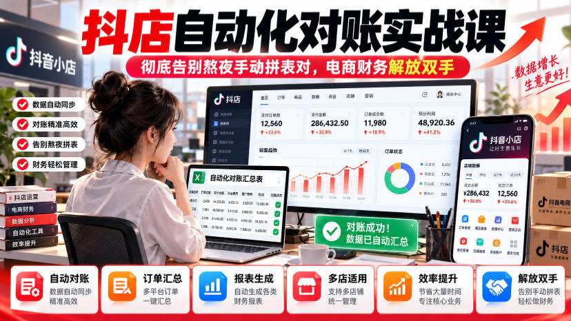 抖店自动化对账实战课，彻底告别熬夜手动拼表对，账电商财务解放双手-资源共享