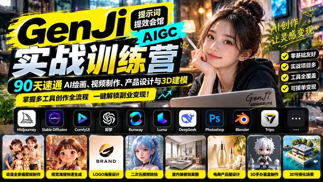 （21192期）GenJi AIGC实战训练营：90天速通AI绘画、视频制作、产品设计与3D建模，掌握多工具创作全流程-资源共享