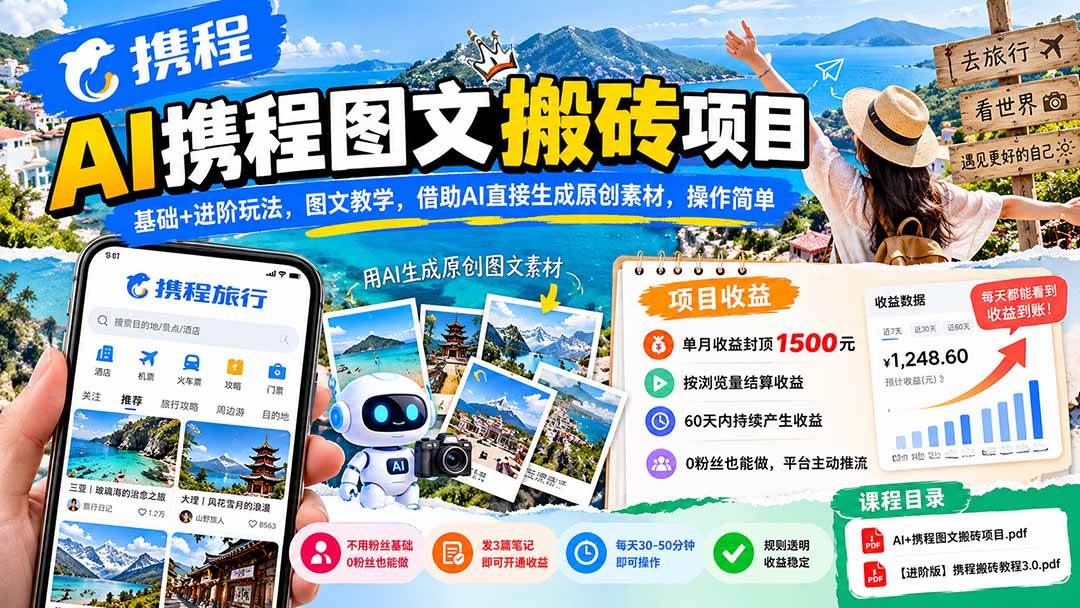 （21180期）AI携程图文搬砖项目，基础+进阶玩法，图文教学，借助AI直接生成原创素材，操作简单