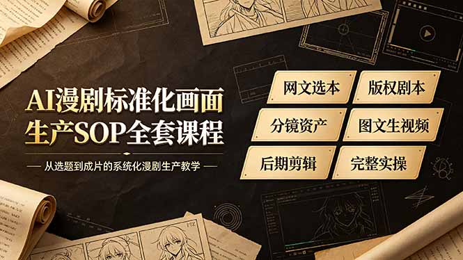 AI漫剧标准化画面生产SOP全套课程,网文选本版权剧本分镜资产全覆盖,图文生视频后期剪辑完整实操教学-资源共享