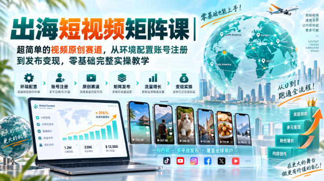 出海短视频矩阵课|超简单的视频原创赛道,从环境配置账号注册到发布变现,零基础完整实操教学-资源共享