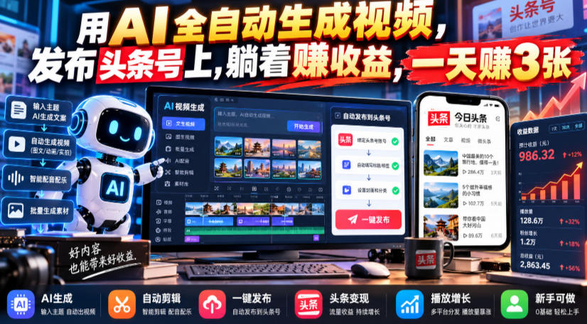 用AI全自动生成视频，发布头条号上，躺着賺收益，一天賺3张-资源共享
