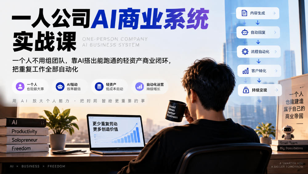 一人公司AI商业系统实战课,一个人不用组团队,靠AI搭出能跑通的轻资产商业闭环,把重复工作全部自动化-资源共享