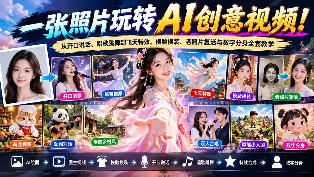 (21202期)一张照片玩转AI创意视频!从开口说话、唱歌跳舞到飞天特效、换脸换装、老照片复活与数字分身全套教学-资源共享