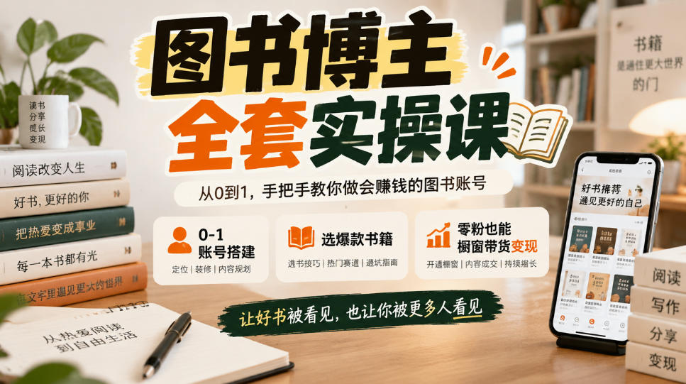 图书博主全套实操课,0‑1账号搭建,选爆款书籍,零粉也能橱窗带货变现-资源共享