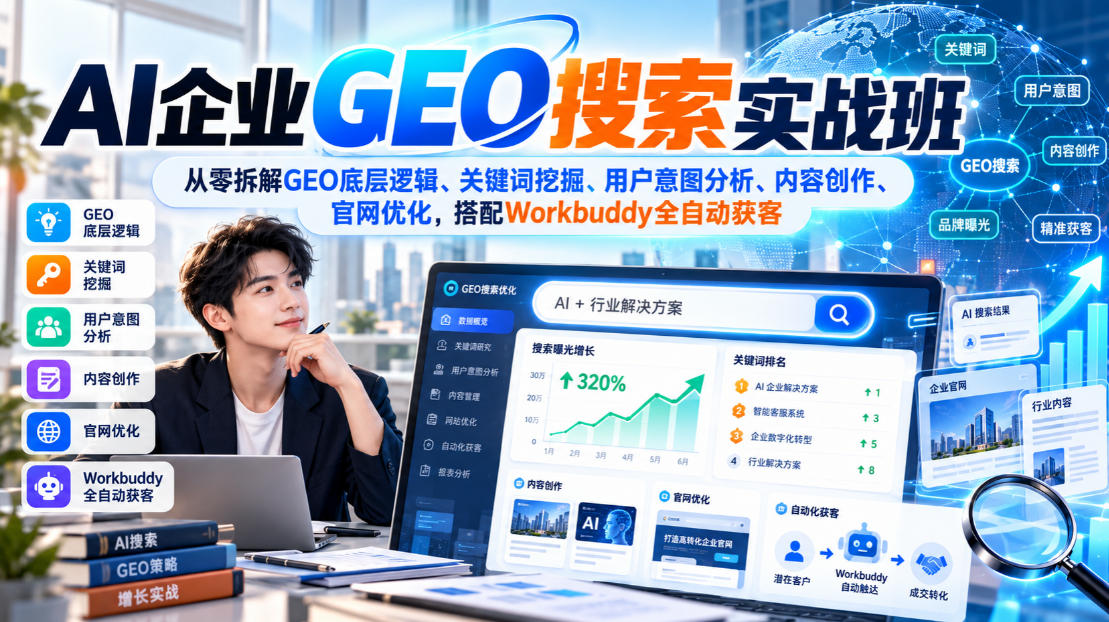 AI企业GEO搜索实战班，从零拆解GEO底层逻辑、关键词挖掘、用户意图分析、内容创作、官网优化，搭配Workbuddy全自动获客-资源共享