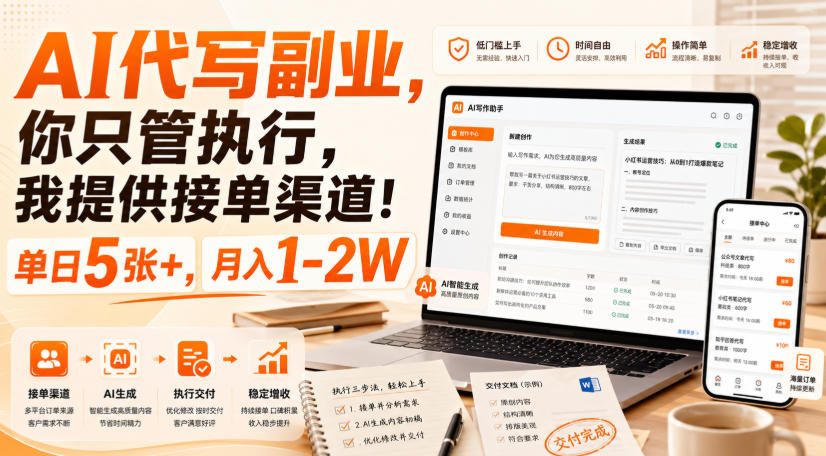 AI代写副业，你只管执行，我提供接单渠道！单日5张+，月入1-2W【揭秘】-资源共享