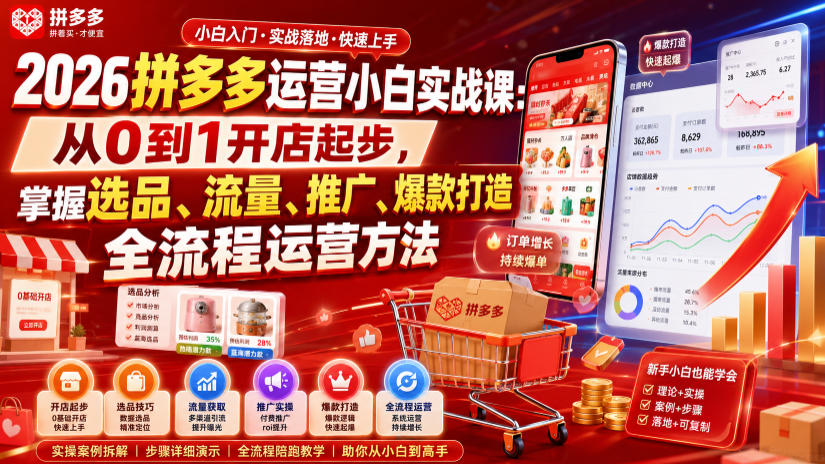 2026拼多多运营小白实战课:从0到1开店起步,掌握选品、流量、推广、爆款打造全流程运营方法-资源共享