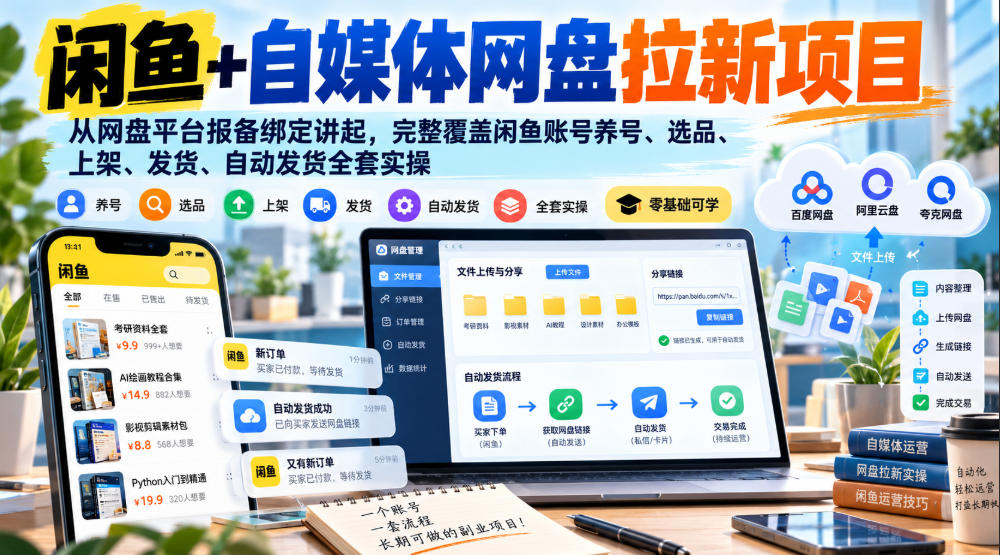 闲鱼+自媒体网盘拉新项目，从网盘平台报备绑定讲起，完整覆盖闲鱼账号养号、选品、上架、发货、自动发货全套实操-资源共享