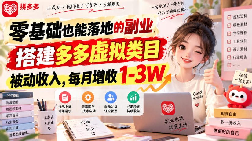 零基础也能落地的副业，搭建多多虚拟类目被动收入，每月增收1-3W【揭秘】-资源共享