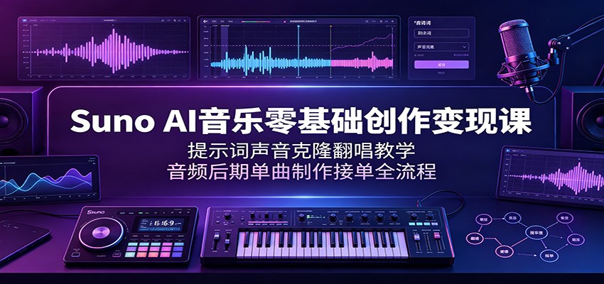 Suno AI音乐零基础创作变现课:提示词声音克隆翻唱教学,音频后期单曲制作接单全流程-资源共享