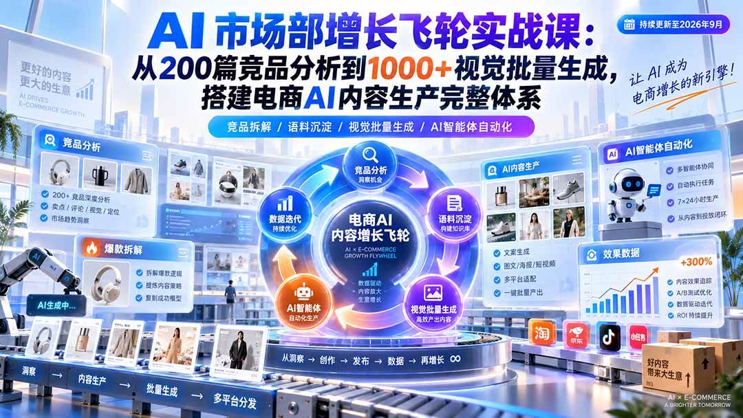 （20436期）AI 市场部增长飞轮实战课：从200篇竞品分析到1000+视觉批量生成，搭建电商AI内容生产完整体系-资源共享