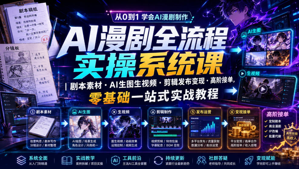 AI漫剧全流程实操系统课|剧本素材・AI生图生视频・剪辑发布变现・高阶接单,零基础一站式实战教程(更新1027)-资源共享
