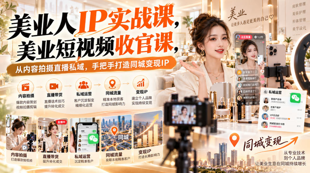 【无水印】美业人IP实战课，美业短视频收官课，从内容拍摄直播私域，手把手打造同城变现IP-资源共享
