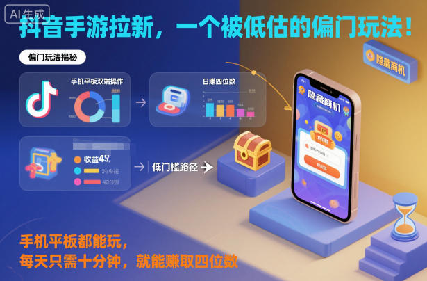 抖音手游拉新，一个被低估的偏门玩法！手机平板都能玩，每天只需十分钟，就能賺取四位数【揭秘】-资源共享