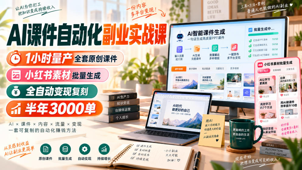 AI课件自动化副业实战课,1小时量产全套原创课件,小红书素材批量生成,全自动变现复刻,半年3000单 AI课件自动化副业实战课,1小时量产全套原创课件,小红书素材批量生成,全自动变现复刻,半年3000单