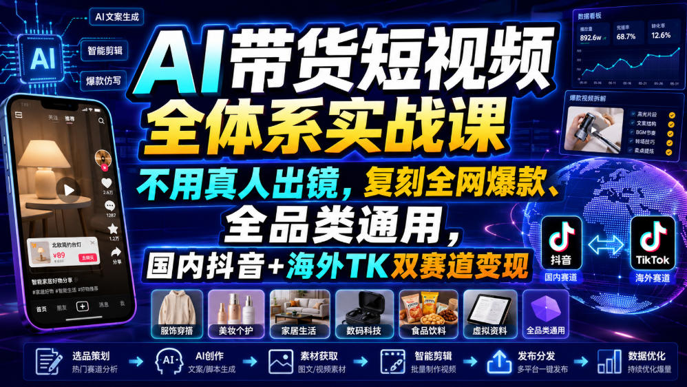 AI带货短视频全体系实战课，不用真人出镜，复刻全网爆款、全品类通用，国内抖音+海外TK双赛道变现-资源共享